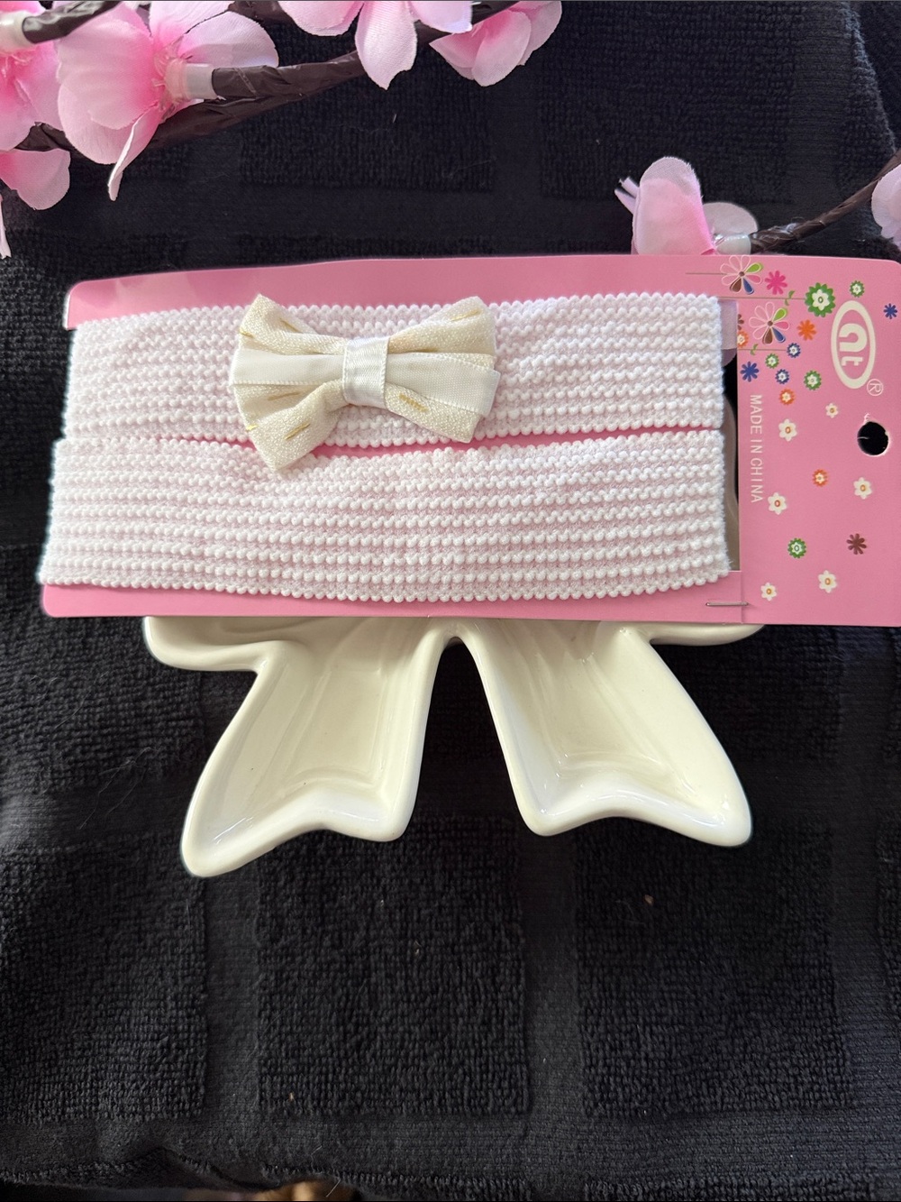 Soft Pink Stretch Headband with Cream Bow for Girls
